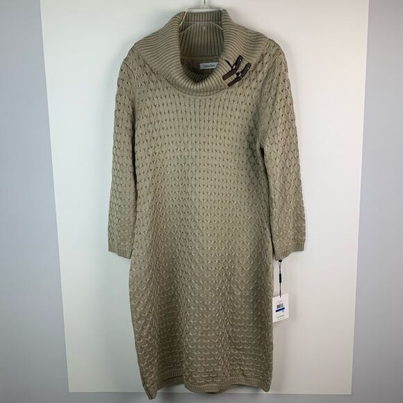 NWT Calvin Klein Women’s Beige Buckled Cowl-Neck Cable knit Sweater Dress Sz XL - Picture 1 of 10